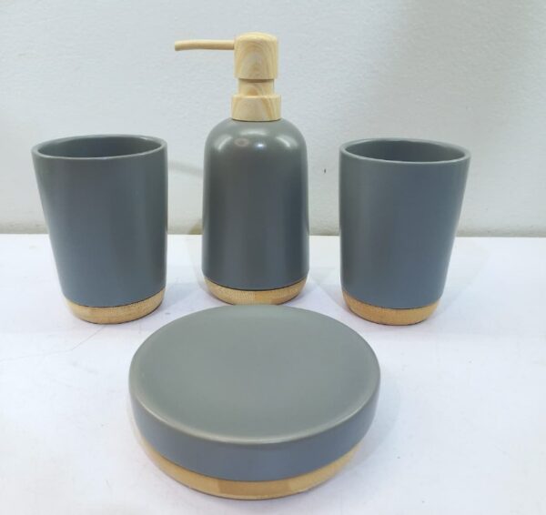 Modern Grey & Wood Bathroom Accessory Set